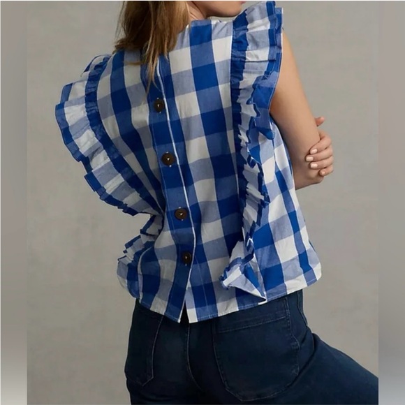 NWT Anthropologie Whit Two Cascade Ruffled Blouse- blue/white gingham size M - Picture 4 of 7